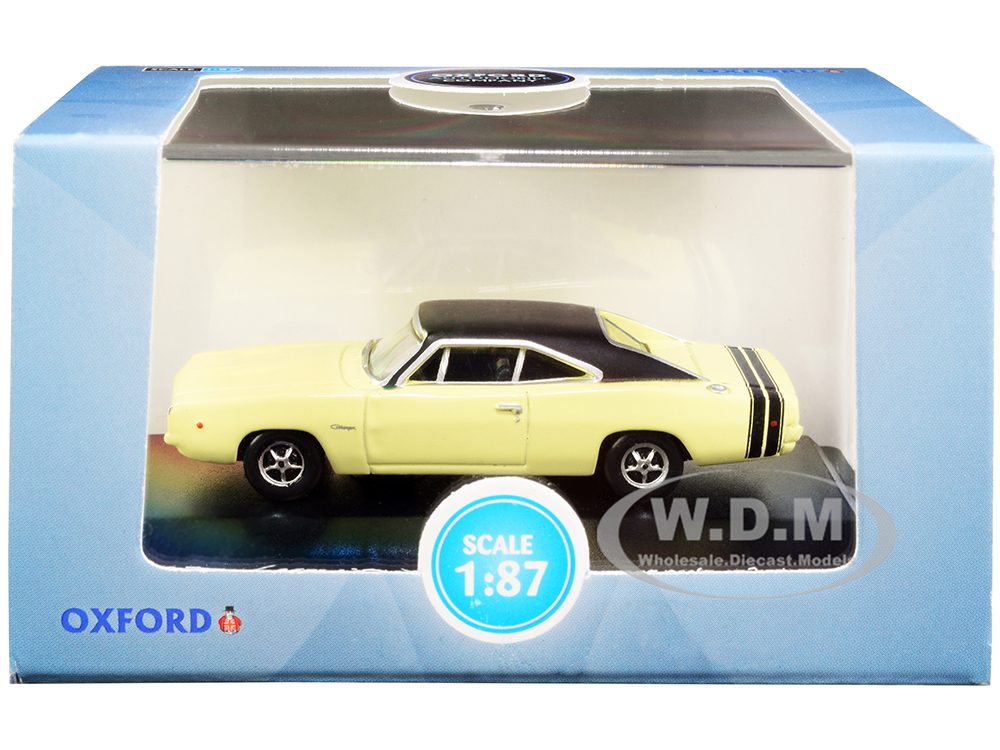 1968 Dodge Charger Light Yellow with Black Top and Black Stripes 1/87 (HO) Scale Diecast Model Car by Oxford Diecast