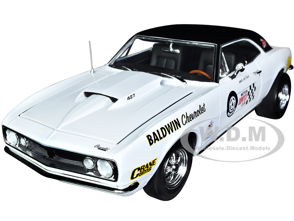 1967 Chevrolet Camaro SS Baldwin Motion Joel Rosen "Motion Supercar Club" White with Black Vinyl Top and Graphics 1/18 Diecast Model Car by Auto Worl