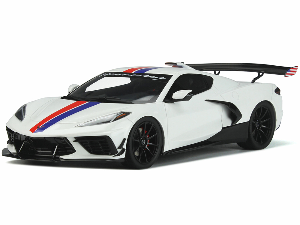 Chevrolet Corvette C8 Arctic White with Red and Blue Stripes Hennessey Limited Edition to 999 pieces Worldwide 1/18 Model Car by GT Spirit