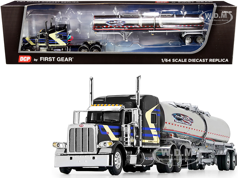 Image of Peterbilt 389 70" Mid Roof Sleeper Cab with Brenner Chemical Tank Trailer "Time D.C." Black 1/64 Diecast Model by DCP/First Gear