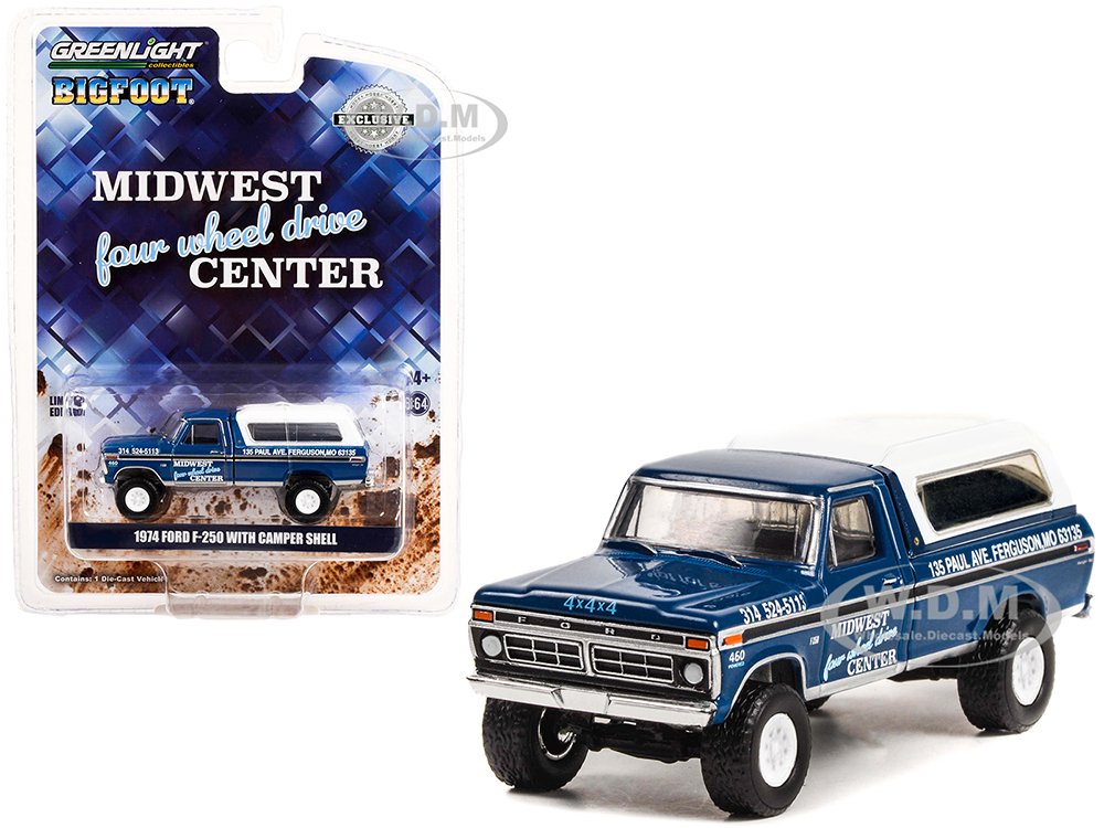 1974 Ford F-250 Pickup Truck with Camper Shell Blue Metallic with Black Stripes Bigfoot - Midwest Four Wheel Drive Center Hobby Exclusive 1/64 Diecast Model Car by Greenlight
