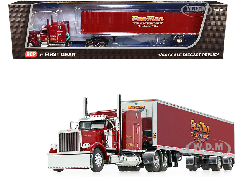 Image of Peterbilt 379 63" Mid-Roof Sleeper Cab with 53 Utility Dry Goods Spread-Axle Trailer "Pac-Man Transport" Burgundy 1/64 Diecast Model by DCP/First Gea