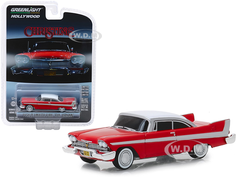 1958 Plymouth Fury Red with White Top Evil Version (Blacked Out Windows) Christine (1983) Movie Hollywood Series Release 24 1/64 Diecast Model Car by Greenlight