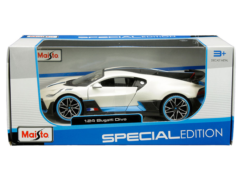 Bugatti Divo Satin White Metallic with Carbon and Blue Accents "Special Edition" 1/24 Diecast Model Car by Maisto