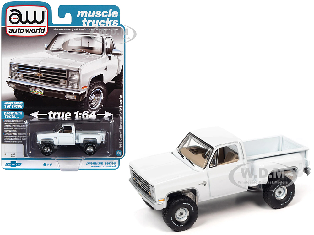 1986 Chevrolet Silverado K10 Stepside Pickup Truck White "Muscle Trucks" Limited Edition to 17406 pieces Worldwide 1/64 Diecast Model Car by Auto Wor