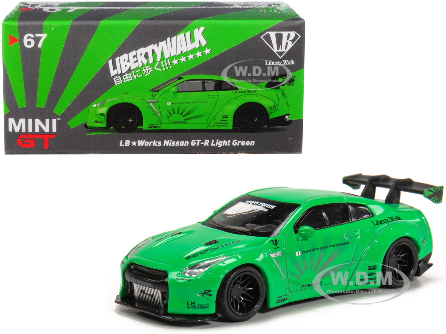 Nissan Gt-r (r35) Type 1 Lb Works "libertywalk" Light Green With Rear Wing "hobbiestock Exclusive" 1/64 Diecast Model Car By True Scale Miniatures