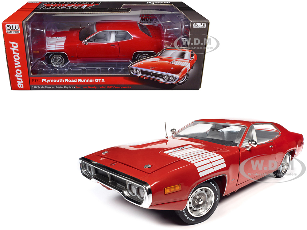 1972 Plymouth Road Runner GTX Rallye Red with White Stripes and Interior American Muscle Series 1/18 Diecast Model Car by Auto World