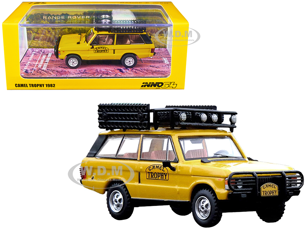 Land Rover Range Rover Classic Camel Trophy 1982 Yellow with Roof Rack Tool Box and 4 Oil Container Accessories 1/64 Diecast Model Car by Inno Models