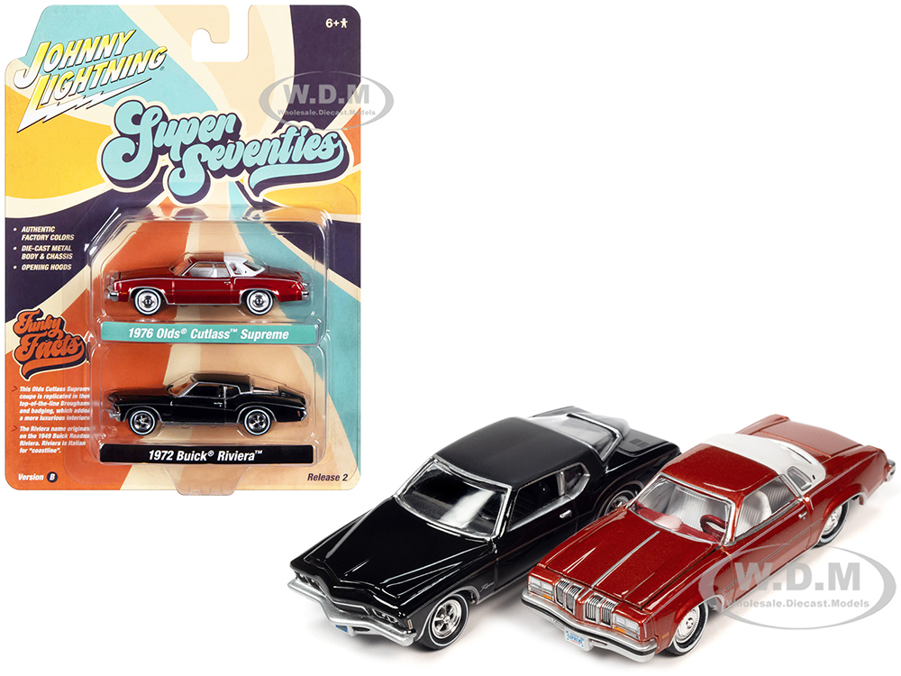 1976 Oldsmobile Cutlass Supreme Red Metallic with White Top and Interior and 1972 Buick Riviera Black Super Seventies Set of 2 Cars 2-Packs 2023 Release 2 1/64 Diecast Model Cars by Johnny Lightning