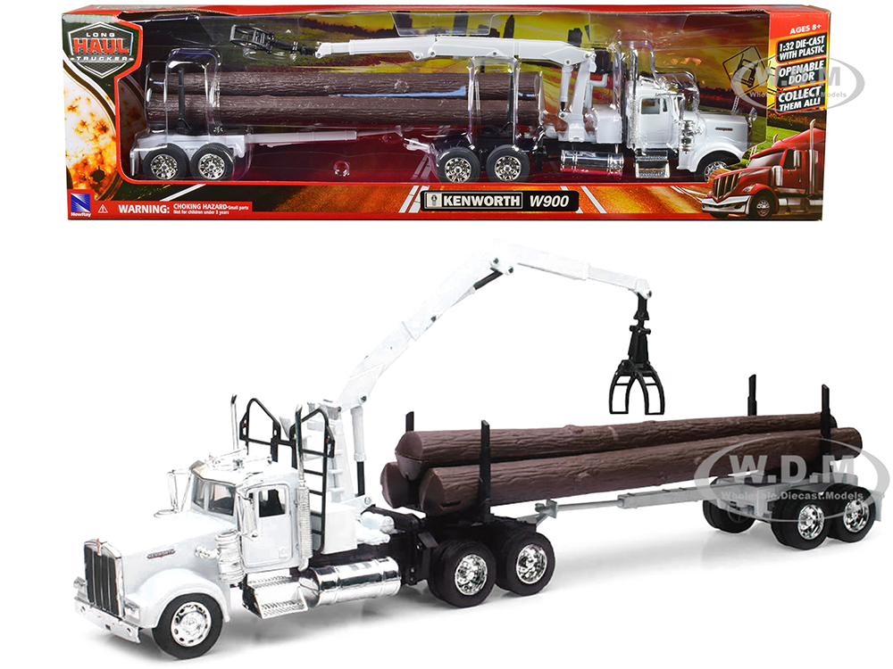 Kenworth W900 Log Hauler with Grabber White with Log Accessories "Long Haul Trucker" Series 1/32 Diecast Model by New Ray