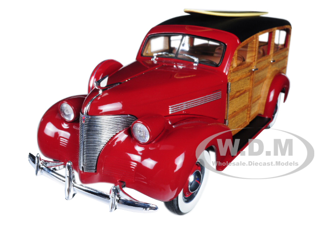 Image of 1939 Chevrolet Woody Surf Wagon Permanent Red with Surf Board &amp; Real Wood 1/18 Diecast Model Car by Sunstar