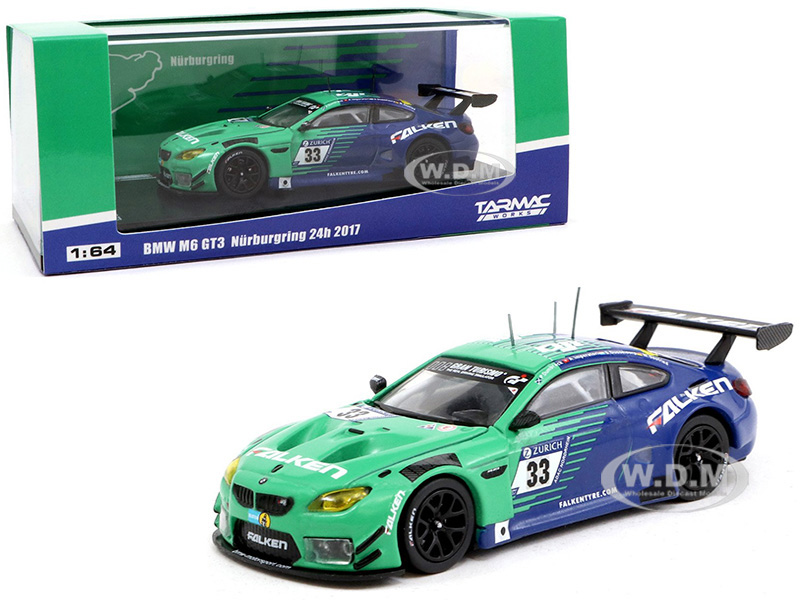 Image of BMW M6 GT3 33 P. Dumbreck/ M. Seefried/ A. Imperatori/ S. Dusseldorp "Falken Tire" Nurburgring 24 Hours (2017) 1/64 Diecast Model Car by Tarmac Works