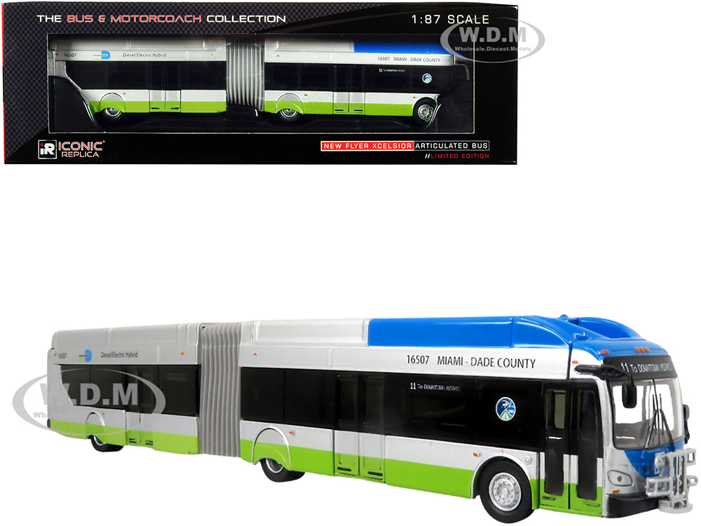 New Flyer Xcelsior XN-60 Aerodynamic Articulated Bus #11 Miami-Dade County Silver and Blue with Green Stripe The Bus & Motorcoach Collection 1/87 (HO) Diecast Model by Iconic Replicas