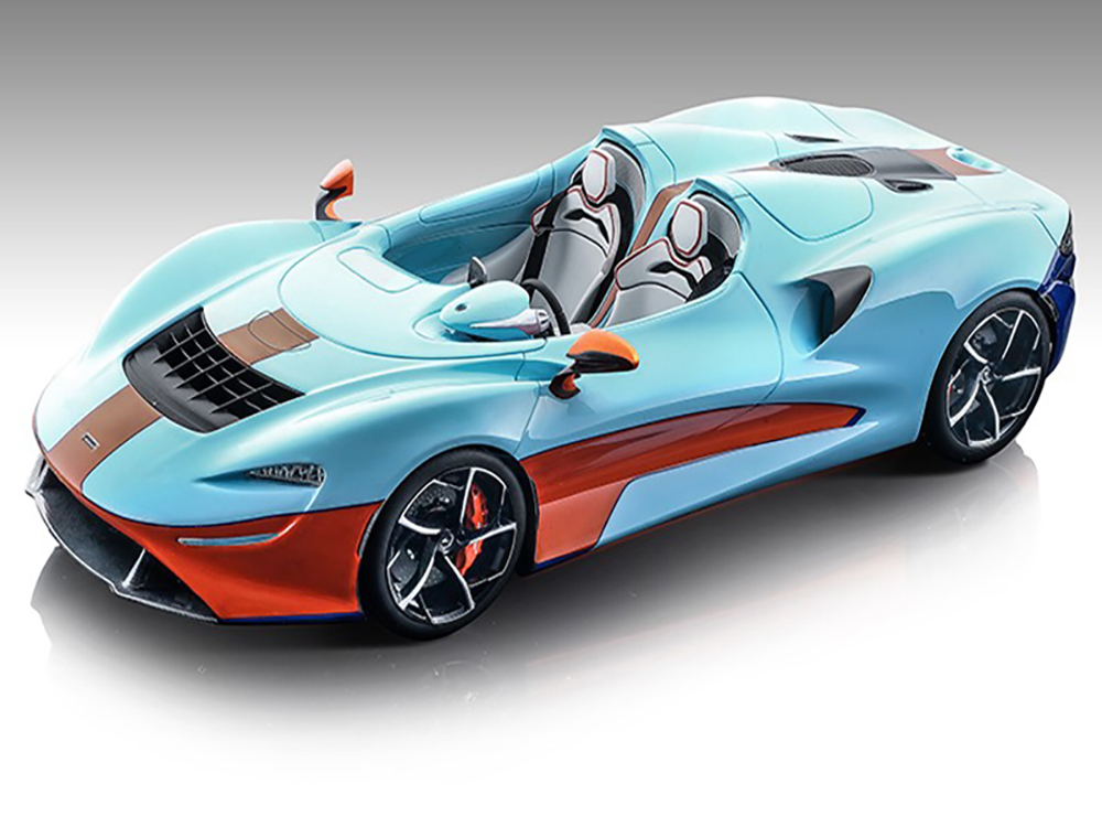 2020 McLaren Elva Convertible Light Blue with Orange Accents Exclusive Collection Series Limited Edition to 79 pieces Worldwide 1/18 Model Car by Tecnomodel