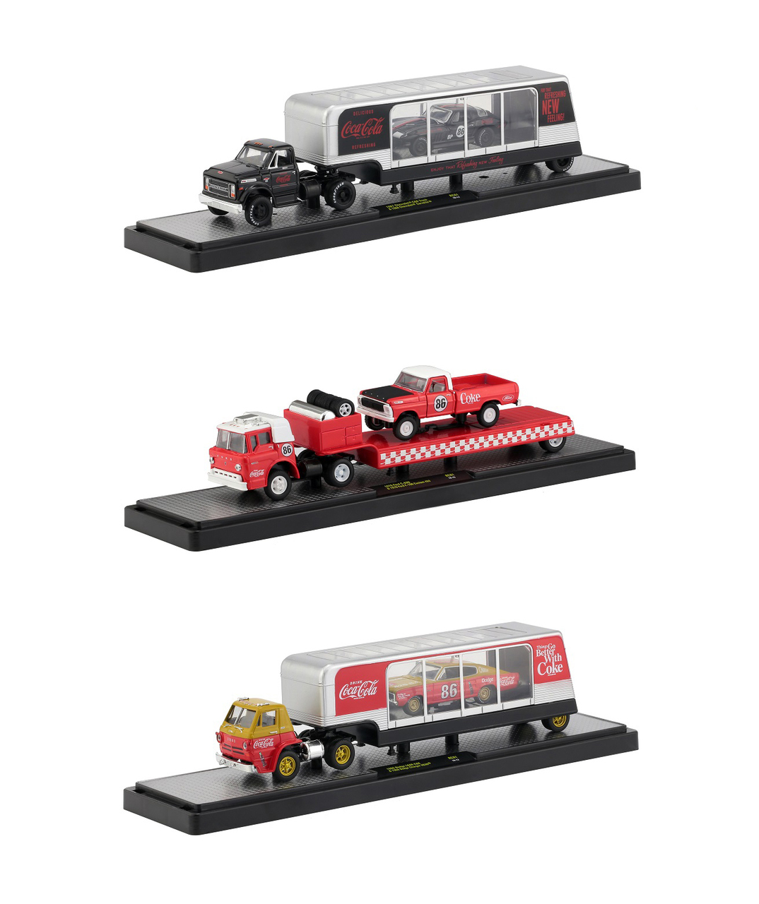 Auto Haulers Race Version "coca-cola" Release Set Of 3 Trucks 1/64 Diecast Models By M2 Machines