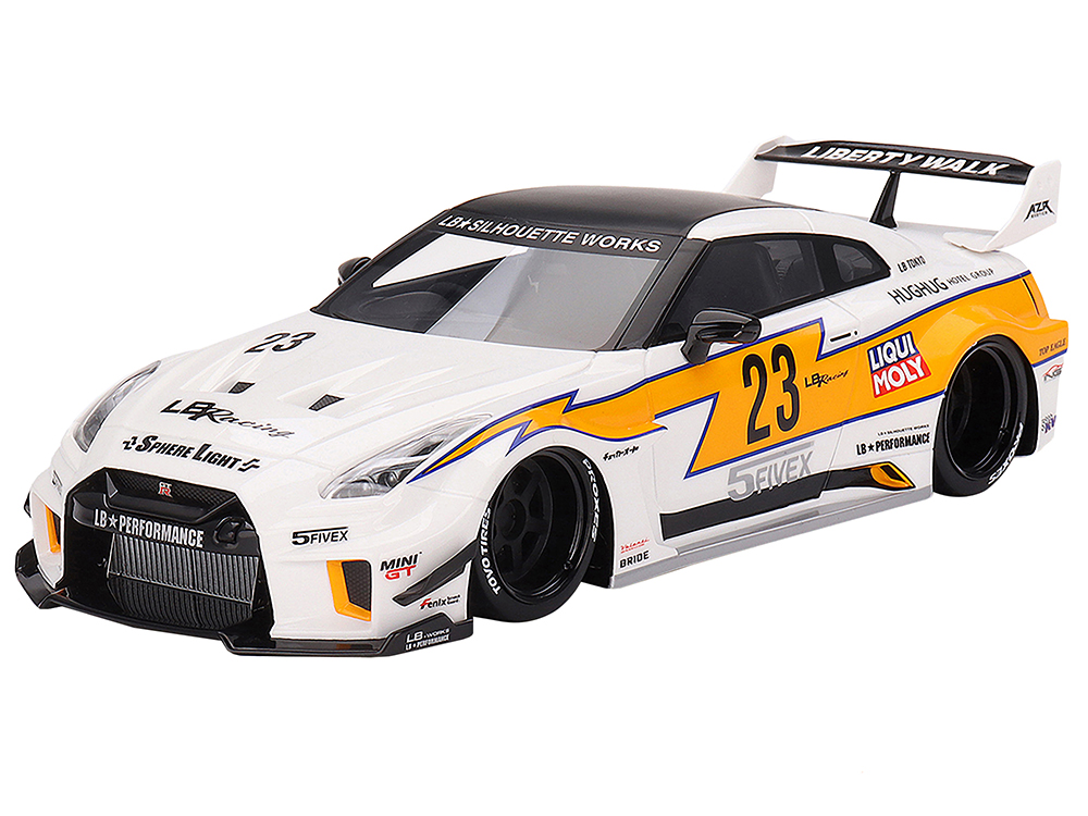 Nissan LB-Silhouette WORKS GT 35GT-RR Ver.1 RHD (Right Hand Drive) #23 White with Yellow Stripes LB Racing 1/18 Model Car by Top Speed