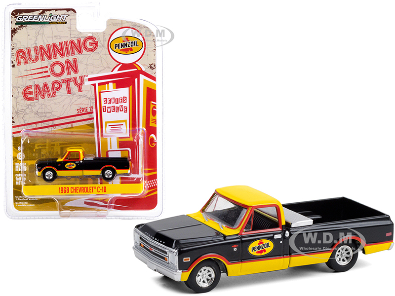 1968 Chevrolet C-10 Pickup Truck with Toolbox Pennzoil Black and Yellow Running on Empty Series 12 1/64 Diecast Model Car by Greenlight