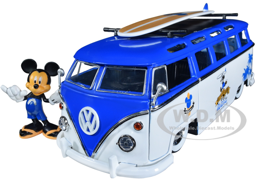 Volkswagen T1 Bus Blue and White with Graphics Nostalgic Islands Ride the Wave and Mickey Mouse Diecast Figure and Surfboard Disneys Mickey and Friends Hollywood Rides Series 1/24 Diecast Model Car by Jada