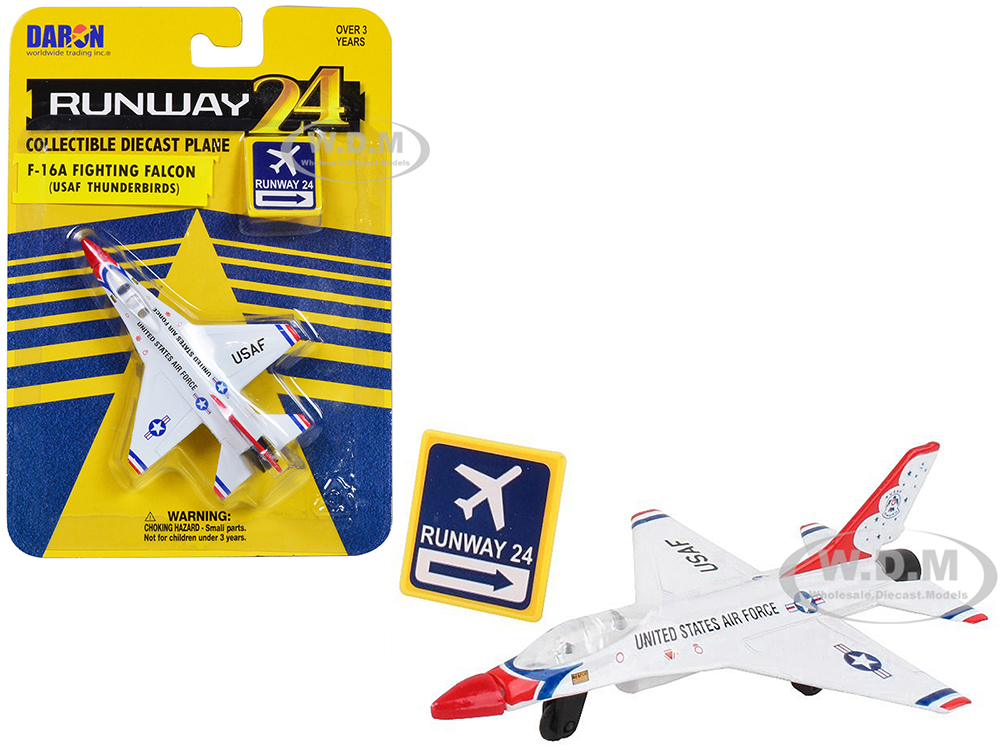 General Dynamics F-16 Fighting Falcon Fighter Aircraft White United States Air Force Thunderbirds with Runway 24 Sign Diecast Model Airplane by Runway24