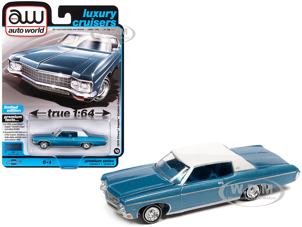 1970 Chevrolet Impala Custom Coupe Astro Blue Metallic with White Vinyl Top Luxury Cruisers Limited Edition 1/64 Diecast Model Car by Auto World