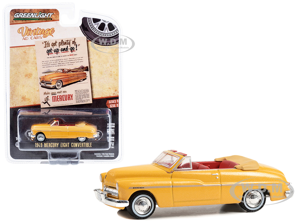 1949 Mercury Eight Convertible Yellow Metallic with Red Interior "Its Got Plenty Of Get-Up-And-Go" "Vintage Ad Cars" Series 9 1/64 Diecast Model Car
