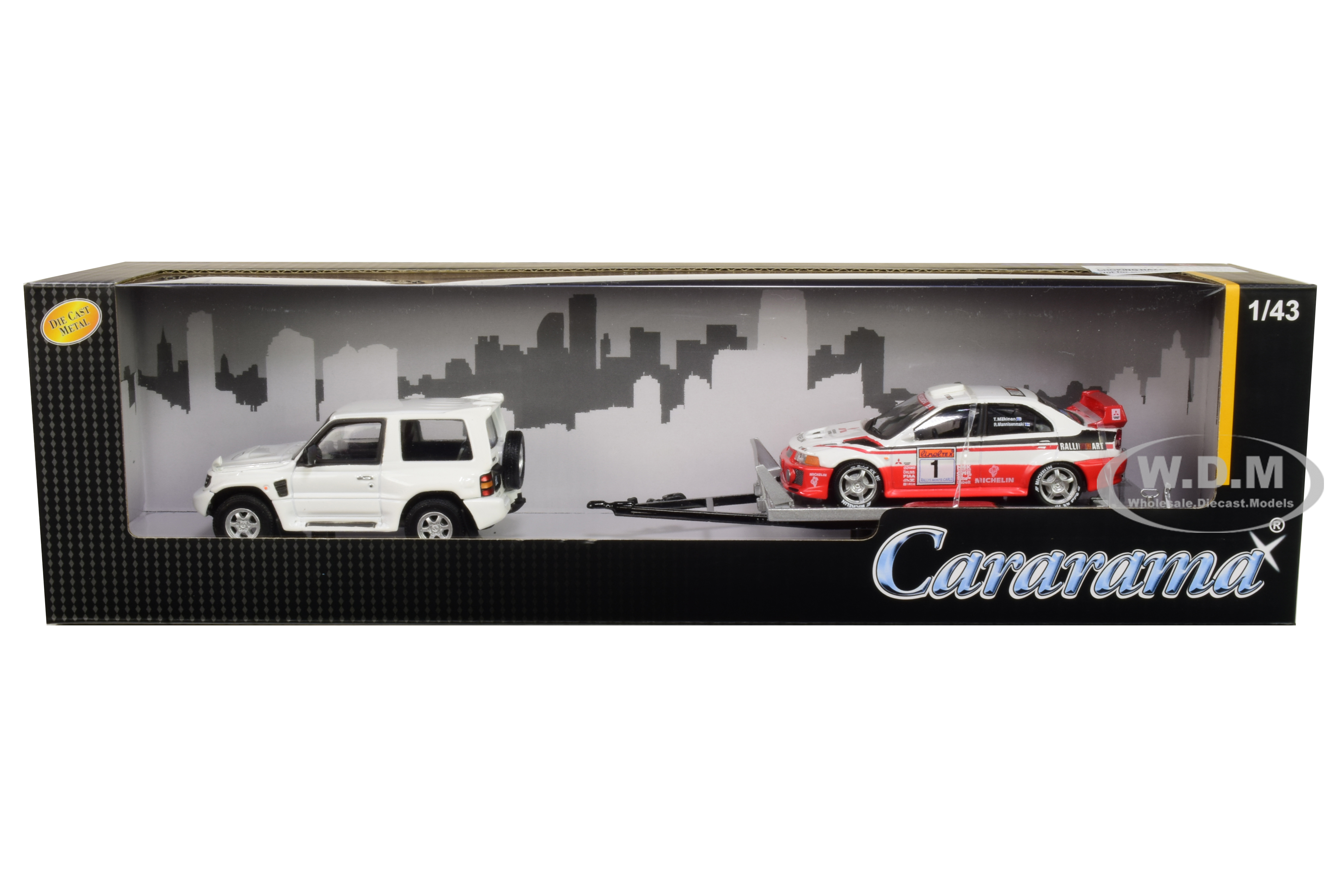 Image of Mitsubishi Pajero Evolution White with Trailer and Mitsubishi Lancer Evolution II 1 "RalliArt" 1/43 Diecast Model Cars by Cararama