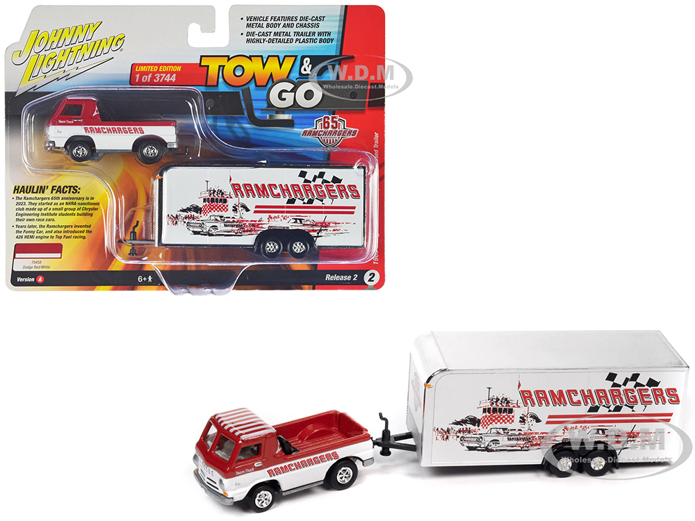1965 Dodge A-100 Pickup Truck Red and White with Enclosed Car Trailer Ramchargers Tow & Go Series Limited Edition to 3744 pieces Worldwide 1/64 Diecast Model Car by Johnny Lightning