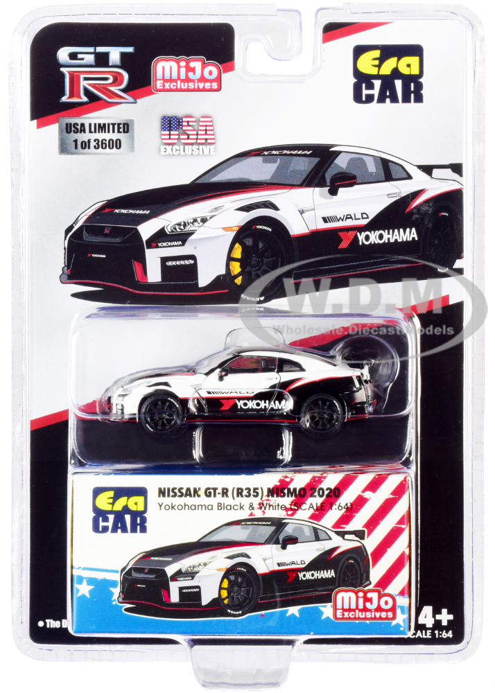 2020 Nissan GT-R (R35) Nismo Yokohama Black and White with Carbon Top and Red Stripes Limited Edition to 3600 pieces 1/64 Diecast Model Car by Era Car