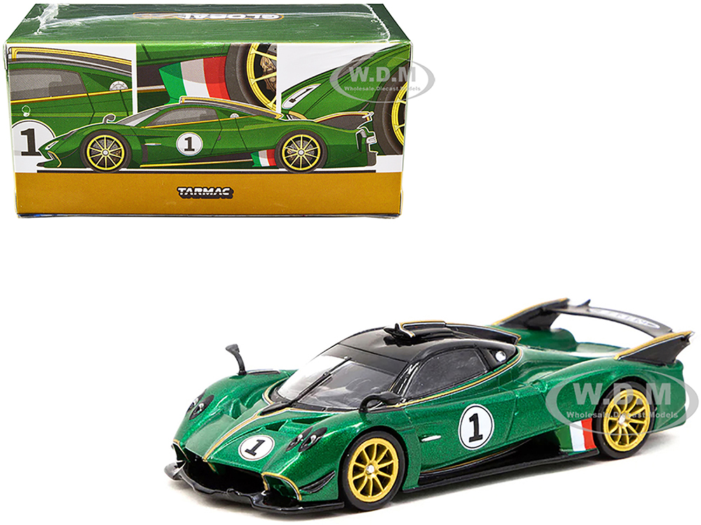 Pagani Huayra R #1 Verde Trifoglio Green Metallic with Black Top and Gold Stripes Global64 Series 1/64 Diecast Model Car by Tarmac Works