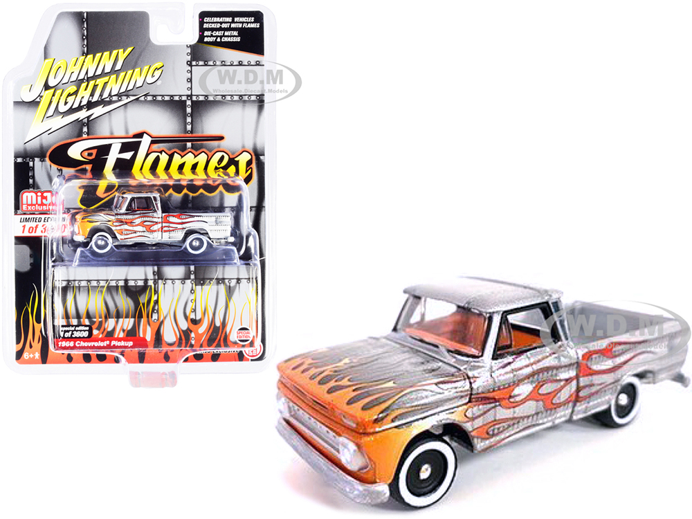 1966 Chevrolet Pickup Truck Silver Metallic with Flames and Orange Interior Limited Edition to 3600 pieces Worldwide 1/64 Diecast Model Car by Johnny Lightning