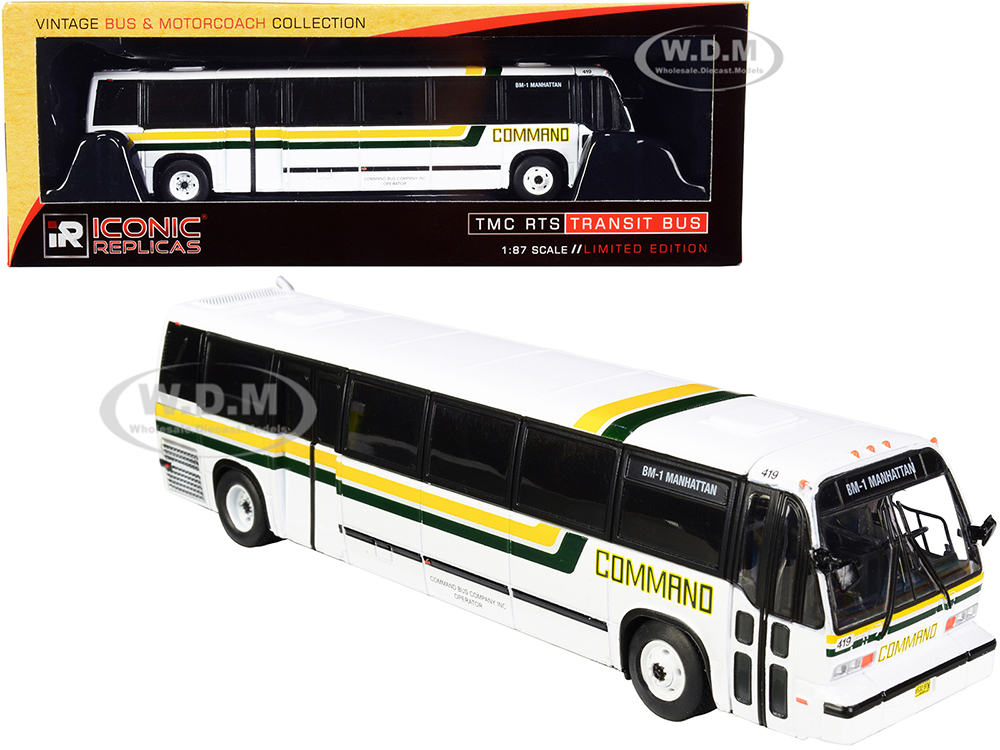 1999 TMC RTS Transit Bus #BM1 Manhattan (New York) Command Bus Company White with Yellow and Green Stripes The Vintage Bus & Motorcoach Collection 1/87 (HO) Diecast Model by Iconic Replicas
