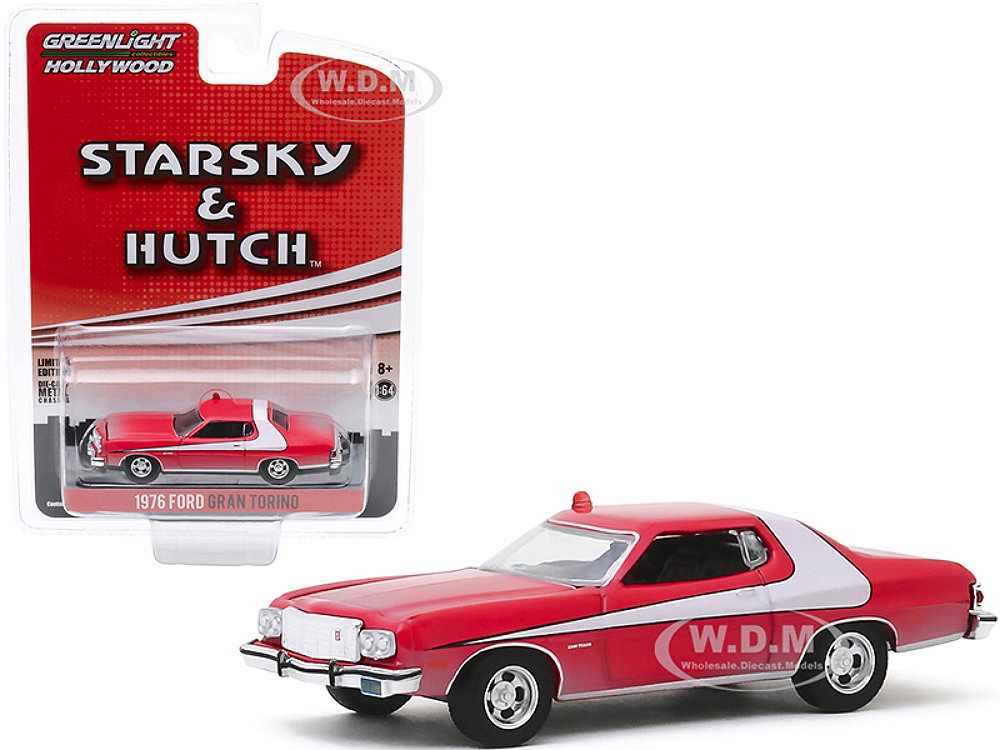 1976 Ford Gran Torino Red with White Stripe (Dirty Version) Starsky and Hutch (1975-1979) TV Series Hollywood Special Edition 1/64 Diecast Model Car by Greenlight