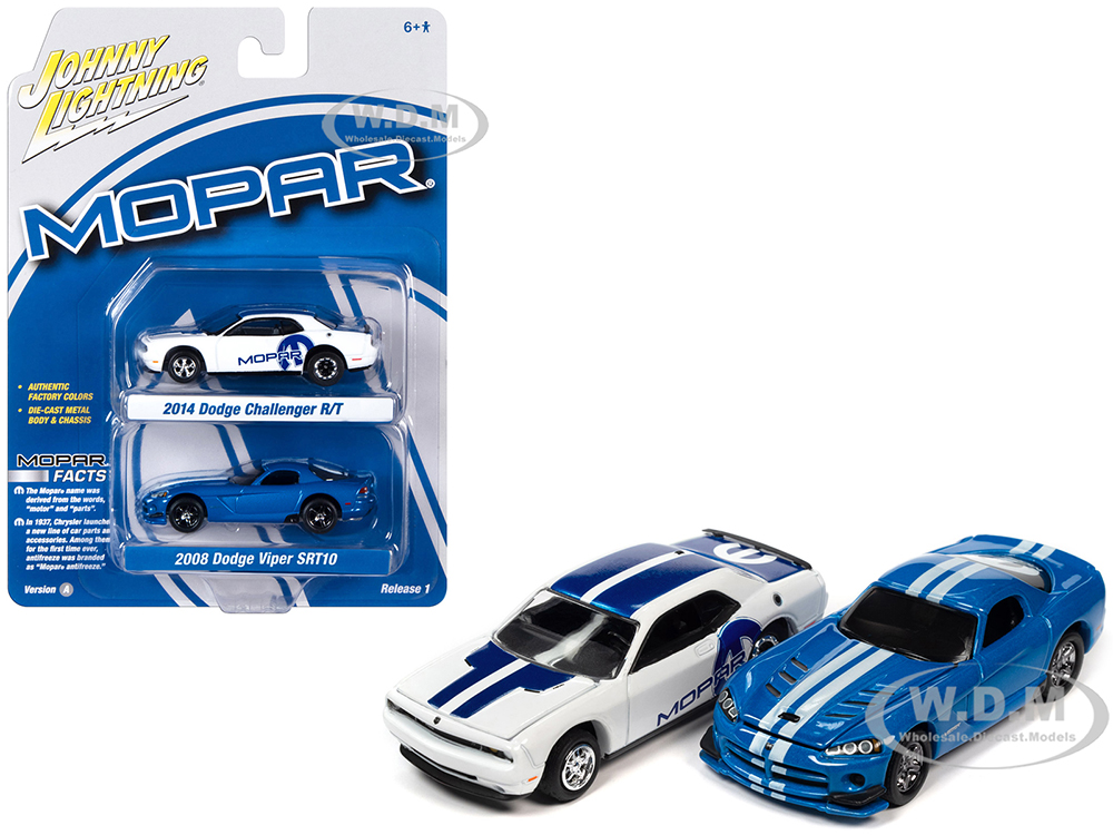 2014 Dodge Challenger R/T White with Blue Stripes and Graphics and 2008 Dodge Viper SRT10 Blue Metallic with White Stripes "MOPAR" Set of 2 Cars "2-P