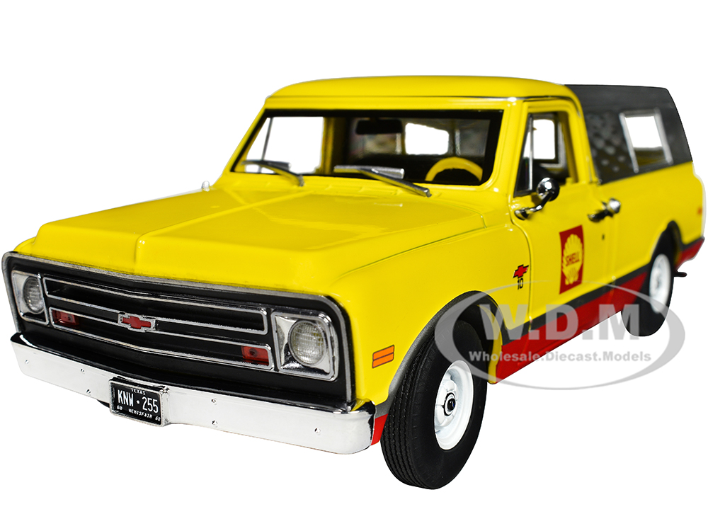 1968 Chevrolet C-10 Pickup Truck Yellow and Red with Camper Shell Shell Oil Running on Empty Series 6 1/24 Diecast Model Car by Greenlight