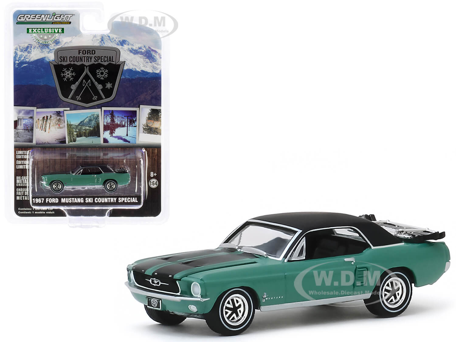1967 Ford Mustang Coupe Loveland Green Metallic with Black Stripes and Black Top and a Pair of Skis "Ski Country Special" "Hobby Exclusive" 1/64 Diec