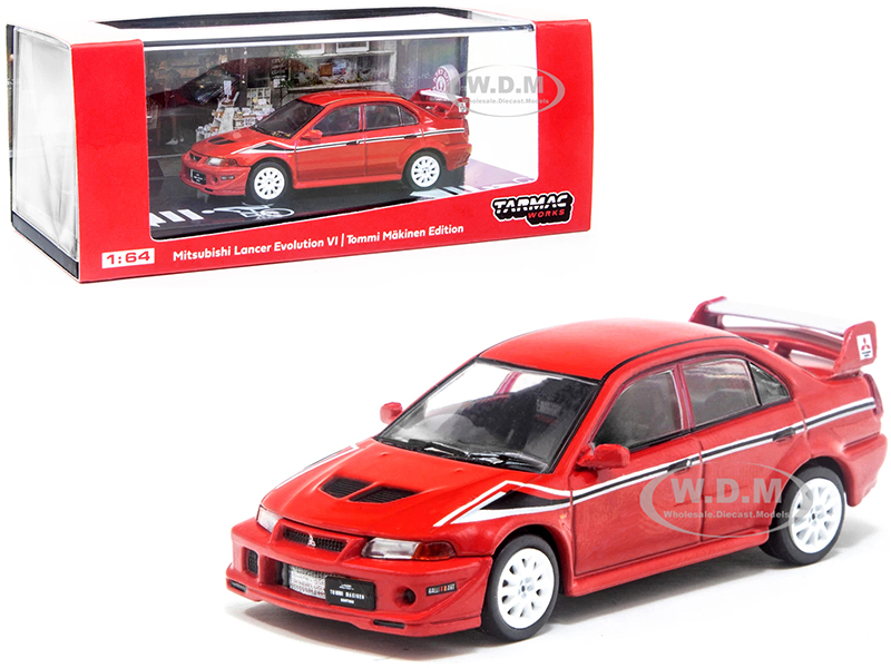 Image of Mitsubishi Lancer Evolution VI Tommi Makinen Edition Red with Black and White Stripes 1/64 Diecast Model Car by Tarmac Works