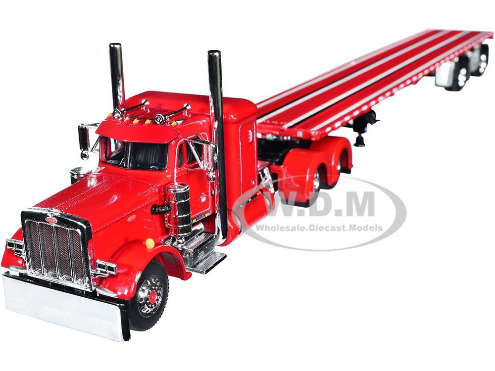 Peterbilt 359 36 Flat Top Sleeper and Wilson Roadbrute Spread-Axle Flatbed Trailer Red 1/64 Diecast Model by DCP/First Gear