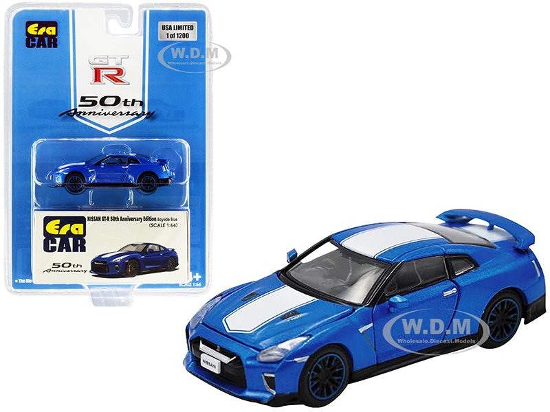 Nissan GT-R RHD (Right Hand Drive) Bayside Blue with White Stripe "50th Anniversary Edition" Limited Edition to 1200 pieces 1/64 Diecast Model Car by