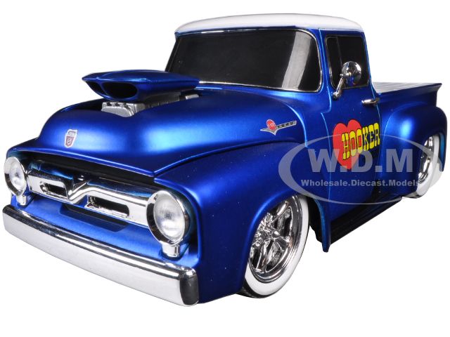 1956 Ford F-100 Pickup Truck Satin Blue/pearl White Ground Pounders "i Love My Hooker Headers" 1/24 Diecast Model By M2 Machines