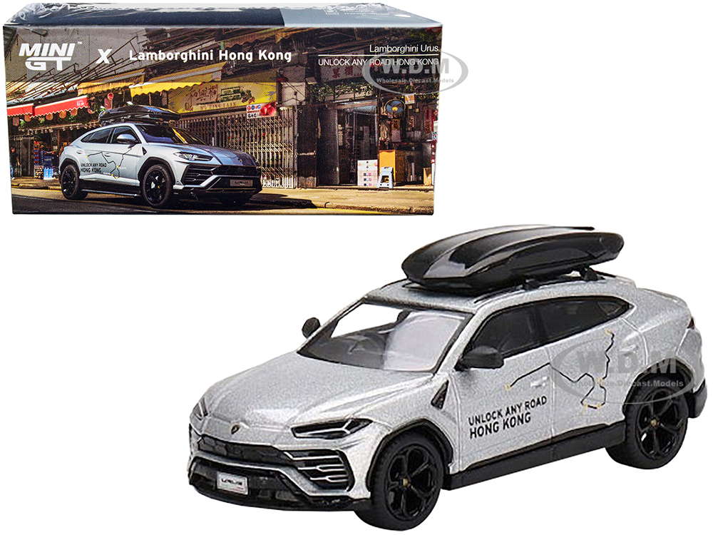 Lamborghini Urus with Roof Box "Unlock Any Road Hong Kong" Silver Metallic Limited Edition 1/64 Diecast Model Car by True Scale Miniatures