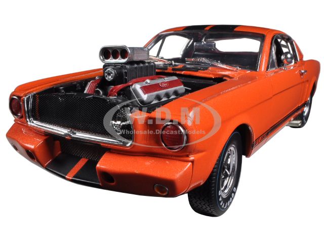 1965 Ford Shelby Mustang GT350R With Racing Engine Orange With Black Stripes 1/18 Diecast Car Model by Shelby Collectibles
