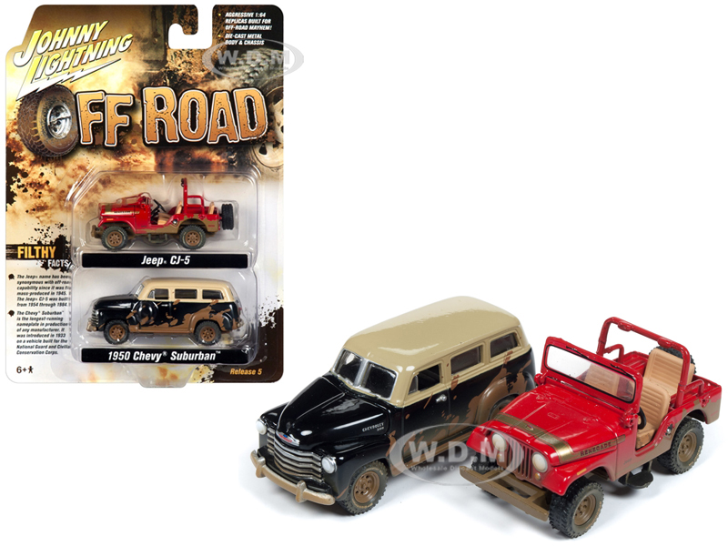 Jeep CJ-5 Renegade (Dirty Version) Red and 1950 Chevrolet Suburban 3100 (Dirty Version) Black Set of 2 pieces 1/64 Diecast Model Cars by Johnny Lightning