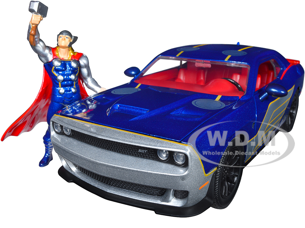 2015 Dodge Challenger SRT Hellcat Dark Blue with Graphics and Red Interior and Thor Diecast Figure "The Mighty Thor" "Marvel" Series 1/24 Diecast Mod