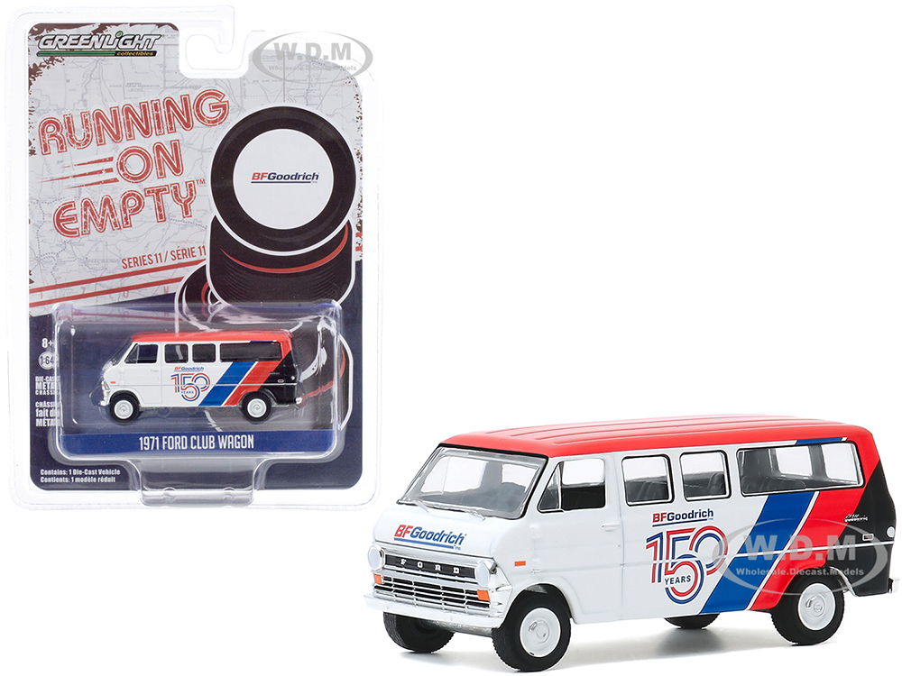 1971 Ford Club Wagon Bus White and Red with Stripes BFGoodrich 150th Anniversary Running on Empty Series 11 1/64 Diecast Model by Greenlight