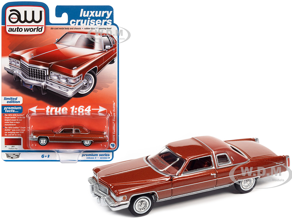 1975 Cadillac Coupe DeVille Firethorn Red Metallic with Firethorn Red Vinyl Top Luxury Cruisers Limited Edition 1/64 Diecast Model Car by Auto World