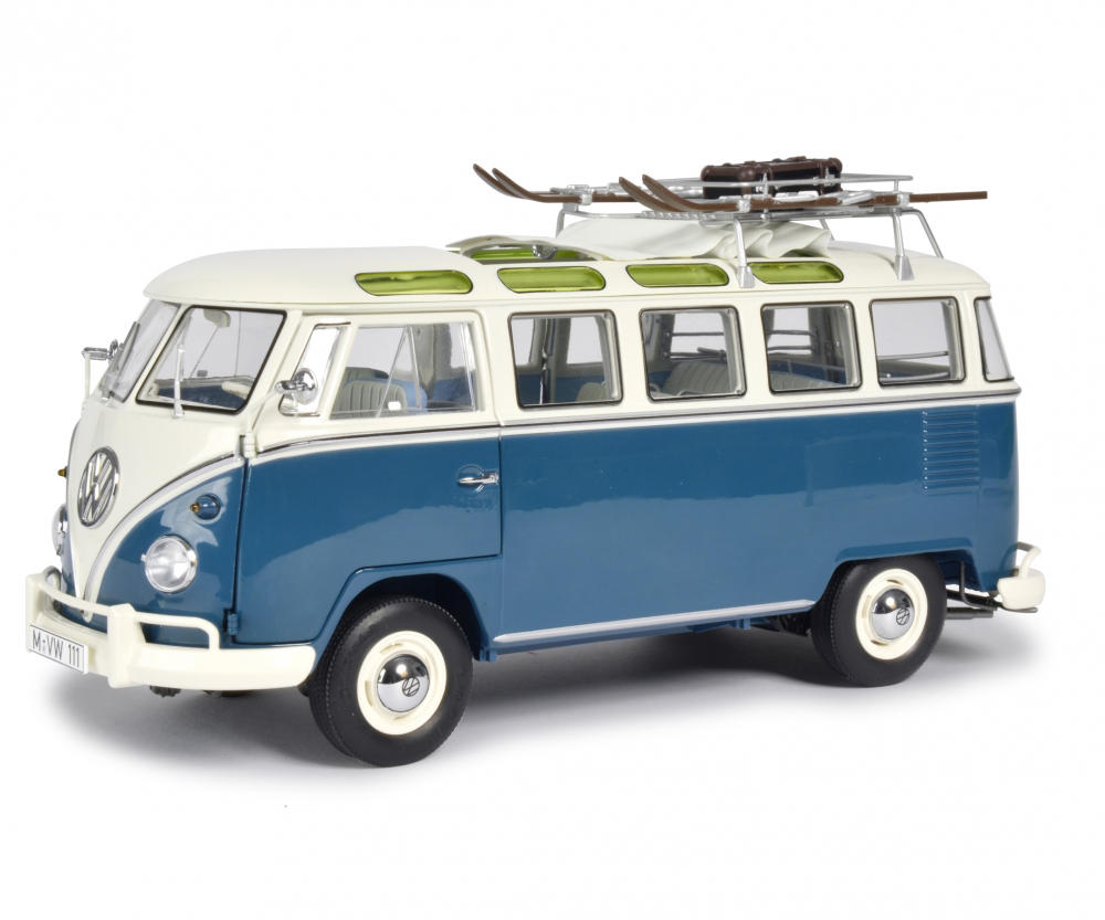 Volkswagen T1b Samba Bus "wintersport" Blue And White With Roof Rack Ski Equipment And Luggage Limited Edition To 750 Pieces Worldwide 1/18 Diecast M