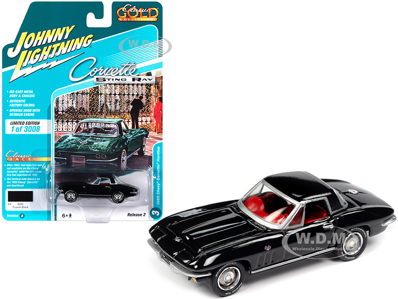 1965 Chevrolet Corvette Hardtop Tuxedo Black with Red Interior Classic Gold Collection Limited Edition to 3008 pieces Worldwide 1/64 Diecast Model Car by Johnny Lightning
