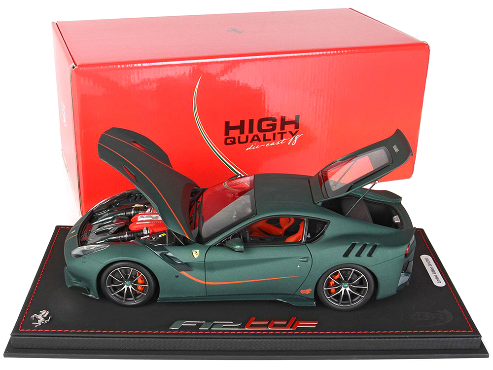 Ferrari F12 TDF Matt Green with Orange Stripes and Orange/Black Interior with DISPLAY CASE Limited Edition to 200 pieces Worldwide 1/18 Model Car by BBR