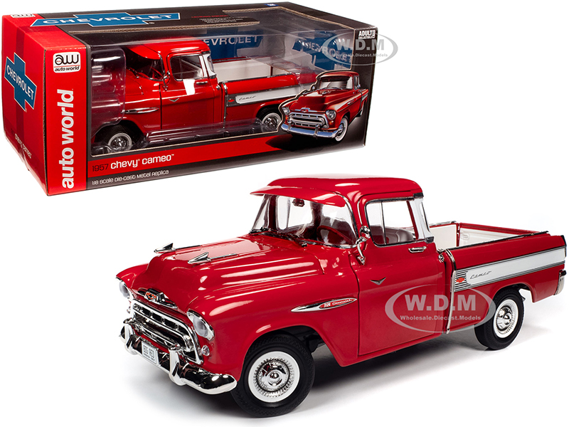 Image of 1957 Chevrolet Cameo Pickup Truck Cardinal Red and White 1/18 Diecast Model Car by Autoworld
