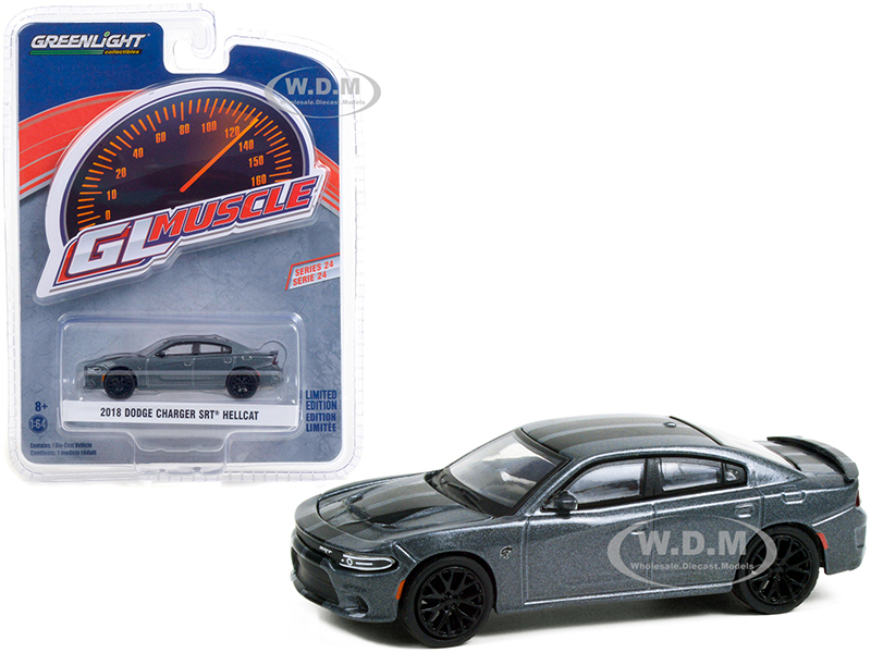 2018 Dodge Charger SRT Hellcat Granite Crystal Gray Metallic with Black Stripes "Greenlight Muscle" Series 24 1/64 Diecast Model Car by Greenlight